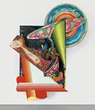 Frank Stella, Corpo-senza-l'anima (3.8x), 1985, oil, urethane enamel, fluorescent alkyd, acrylic and printing ink on canvas, etched magnesium, aluminum and fiberglass, in 5 parts