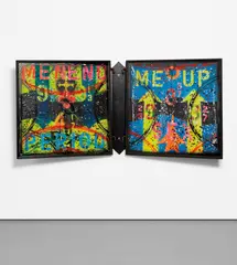 Rammellzee, Untitled REPRESS (Gargoylian Books of Stock), 1991, spray paint, epoxy and mixed media collage on canvas and brass hardware, in artist's frames, in 3 parts