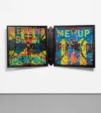 Rammellzee, Untitled REPRESS (Gargoylian Books of Stock), 1991, spray paint, epoxy and mixed media collage on canvas and brass hardware, in artist's frames, in 3 parts