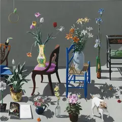 Paul Wonner, Flowers, Chairs, a Dog and Two Birds, 1986, acrylic on canvas