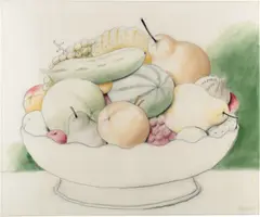 Bowl of Fruits by Fernando Botero, 2004, charcoal and watercolor on canvas, offered Jun 2021