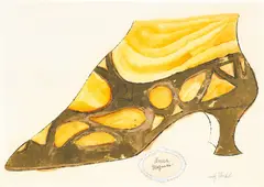 Anna Magnani by Andy Warhol, 1955, gold leaf, ink, watercolor and collaged embossed silver foil medallion on wove paper, sold Jun 2021