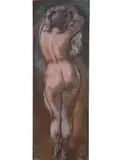 George Grosz, Modell im Studio Stehender Weiblicher Rückenakt, oil, chalk and mixed media on canvas