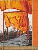 Christo, The Gates, Project for Central Park, New York City, 2003, pencil, enamel paint, photograph by Wolfgang Volz, wax crayon and fabric sample on brown board