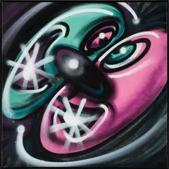 Kozmik Luv by Kenny Scharf, 2019, spray paint on linen, in black powder-coated aluminum artist's frame, sold Jun 2021