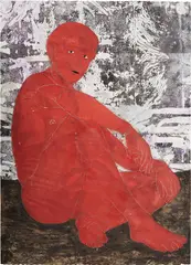 Felipe Baeza, Xipe Tótec Rojo, 2017, ink, graphite, acrylic, twine, glitter, cut paper and egg tempera on 2 sheets of adjoined paper