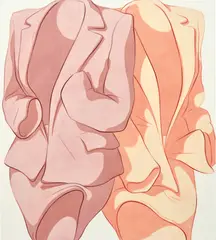 Ivy Haldeman, Two Suits, Wrist Bent, Cuff to Pocket (Mauve, Peach), 2019, acrylic on canvas