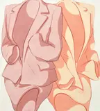 Ivy Haldeman, Two Suits, Wrist Bent, Cuff to Pocket (Mauve, Peach), 2019, acrylic on canvas