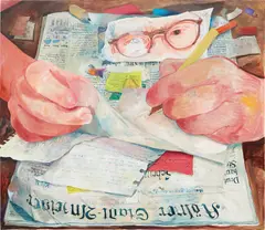Drawing in Köln by Rebecca Ness, 2019, oil and paper on canvas, sold Jun 2021