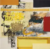 Patrick Alston, Native Sun, 2020, acrylic, oil, spray paint, stone spray, foam insulation and plastic shower curtain on sewn canvas, plastic and cotton fabric