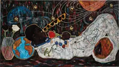 Godwin Champs Namuyimba, Destiny, 2019, acrylic and paper maroufle on denim