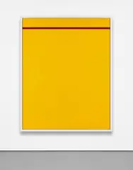 Photoshop CS: 84 by 66 inches. 300 DPI, RGB, square pixels, default gradient "Blue, Red, Yellow", mousedown y=2300 x=8600, mouseup y=2600 x=8600 by Cory Arcangel, 2011, chromogenic print mounted to Diasec, in artist's frame, offered Jun 2021
