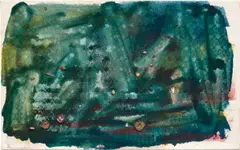Untitled by Mary Weatherford, 2014, Flashe, seashells and bottle caps on canvas, sold Jun 2021
