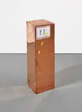 Walead Beshty, Copper (FedEx® Golf-Bag Box_2010 FedEx 163166 REV 10/10) Standard Overnight, Los Angeles–Miami trk#8009837117935/ 800983717924, February 21–22, 2013, Priority Overnight, Miami–Long Island City trk#772759456481, January 29–February 4, 2013, polished copper and accrued FedEx shipping and tracking labels
