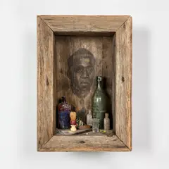 Whitfield Lovell, The Threes, 1999, charcoal on wood, with found glass bottles, playing cards, wooden matches, metal tins, shot glass, eyeglasses, shaving brush, hair comb and aspirin