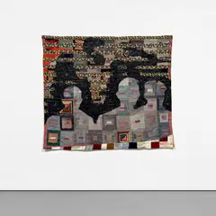 Sanford Biggers, Neroluce, 2018, antique quilt, assorted textiles, tar and glitter