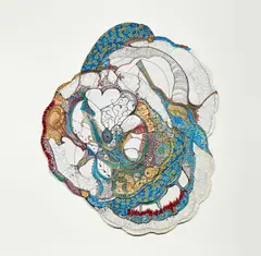 Sonia Gomes, Untitled from the series Risco do Tempo, 2013, marker and thread on canvas, textile and paper collage