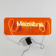 Jason Rhoades, Meccatuna, 2003, neon, string and lace on orange Plexiglas