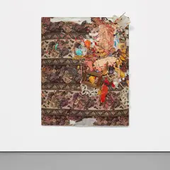 Angel Otero, Portrait of My Grandmother's Couch, 2009, foam, paper, acrylic, oil and found objects on couch fabric, mounted to panel