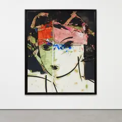 Manolo Valdés, Constance sobre fondo oscuro, 2010, oil, thread and burlap collage on burlap