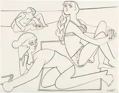 Claude à l'oursin et deux personnages sur la plage à Golfe-Juan by Françoise Gilot, 1952, pen, India ink and graphite on paper, sold Sep 2021