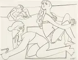 Françoise Gilot, Claude à l'oursin et deux personnages sur la plage à Golfe-Juan, 1952, pen, India ink and graphite on paper