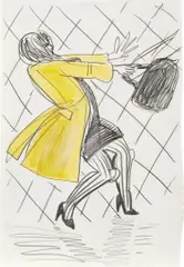 Untitled (Woman with Yellow Jacket) by Ella Kruglyanskaya, 2001, graphite and watercolor on paper, sold Sep 2021