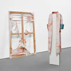 Paulina Olowska, Two works: (i) Pattern Painting – Cutout – Stone Washed ; (ii) Pattern Object – Trench Coat, 2007, (i) acrylic and lacquer on canvas, in 2 parts (ii) trench coat constructed from acrylic and lacquer on cut-out canvas on pedestal