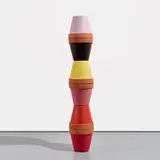 Sam Falls, Untitled (Terra Cotta Pots Sculpture 5), 2013, acrylic on terra cotta pots with metal rod, in 6 parts