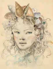 Léonor Fini, Girl with Shells, 1947, pen, ink, pastel and collage on paper