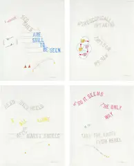 Lawrence Weiner, Preparatory Drawings For Gyroscopically Speaking, 2010, pencil, gouache and laser printed collage on paper, in 4 parts