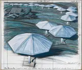 Christo, The Umbrella Project for Japan and Western U.S.A., 1986, grahite, pastel, wax crayon, charcoal and fabric collage on board, in artist's Plexiglas box