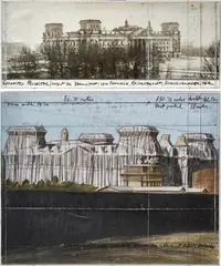 Wrapped Reichstag (Project for Berlin) by Christo, 1983, pencil, charcoal, wax crayon, enamel paint, pastel, photograph by Wolfgang Volz, fabric and thread collage on card, in 2, sold Nov 2021