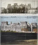 Christo, Wrapped Reichstag (Project for Berlin), 1983, pencil, charcoal, wax crayon, enamel paint, pastel, photograph by Wolfgang Volz, fabric and thread collage on card, in 2 parts