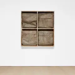 Untitled (Grey Sleeping Painting) by Lawrence Carroll, 2010, oil, wax and house paint on canvas, in wooden structure with Plexiglas, sold Nov 2021