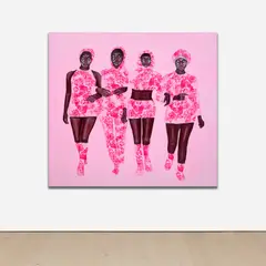 Sisters in Pink by Emmanuel Taku, 2021, acrylic and paper collage on canvas, sold Nov 2021