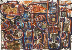 don’t fix it if it’s not broken. by Aboudia, 2014, acrylic, oil pastel and paper collage on canvas, sold Nov 2021