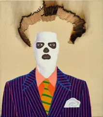 Jeff Sonhouse, Untitled (Brown Face & White Mask), 2001, oil and matches on canvas