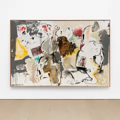 Nomader by Eddie Martinez, 2014, oil, enamel, spray paint and collaged computer paper on canvas, sold Nov 2021