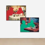 John Baldessari, Two Figures (Red) and Two Figures (Green) in Different Environments (Food)
