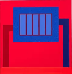 Peter Halley, Reign, 2013, acrylic, fluorescent acrylic and Roll-a-Tex on two adjoined canvases