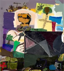 SoiL Thornton, Covered Faux Self Portrait, 2013, acrylic, spray paint, glue, oil pastel, chalk pastel and collage on panel