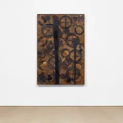 Rashid Johnson, When Spring Comes Again, 2012, black soap, wax and spray enamel on branded red flooring, in artist's frame