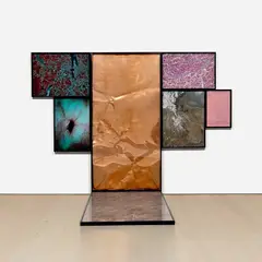 Matthew Day Jackson, Body Pressure, 2008, Formica, copper with body imprint, found satellite images, Bruce Nauman's "Body Pressure" and wood, in 7 parts