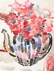 Black teapot, Anemones, We by Elizabeth Peyton, 2015, watercolor on paper, sold Nov 2021