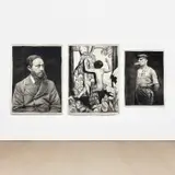 Rinus Van de Velde, A Triptych of Questions : (i) The Director ; (ii) The Model ; (iii) The Artist, 2011, charcoal on paper