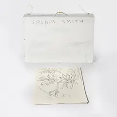 Josh Smith, Suitcase Painting with 7 Flower Drawings, 1998, ink and graphite on paper, in 7 parts, in artist's wooden case