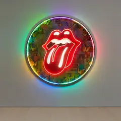 RISK, 72" Neon Rolling Stones Tongue, 2021, aerosol, Kandy car paint, license plates, resin and neon