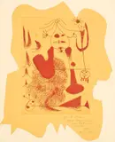 Joan Miró, Frontispiece, for Sablier couché (Reclining Hourglass) (D. 20, C. 5), 1938, Etching in red, on cut yellow paper, Chine collé to laid Arches paper, the full sheet (without a fold), title page with Casse-Nuit title printed on the right side (changed to Sablier couché for the book edition), the poem Muttra by Alice Paalen (Rahon) printed on the reverse