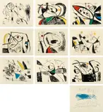 Joan Miró, Série Mallorca (Mallorca Series) (D. 610-619, C. 177), 1973, The complete set of 10 etchings with aquatint in colors (including the title page), on Guarro paper, with full margins, all contained in the original patterned and cloth-covered folio